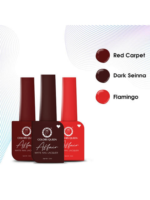 Colors Queen Affair 3-Pcs Matte Nail Lacquer - 13ml Each -Red Carpet-Dark Seinna-Flamingo - Image 5