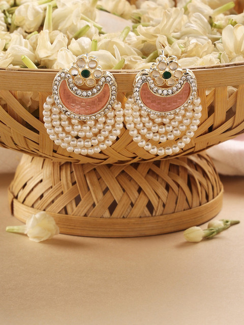 Zaveri Pearls Gold-Plated Austrian Diamonds Studded & Pearls Beaded Chandbalis