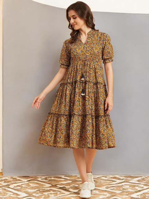 Azira Floral Printed Cotton Fit & Flare Midi Dress