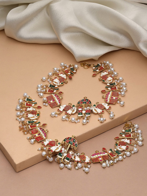 PANASH Set Of 2 Gold-Plated Stones-Studded & Pearls Beaded Anklets