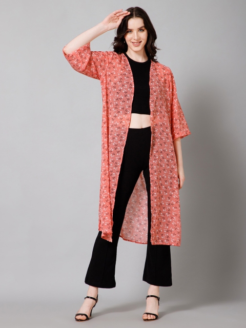 PURYS Floral Printed Longline Open Front Shrug