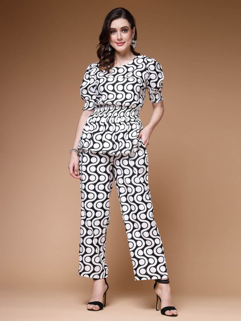 plusS White Geometric Printed Top & Trouser