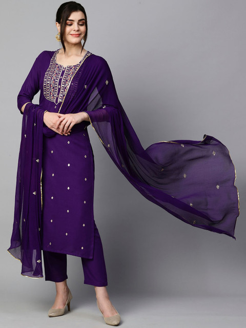 GoSriKi Floral Embroidered Regular Kurta With Trousers & Dupatta