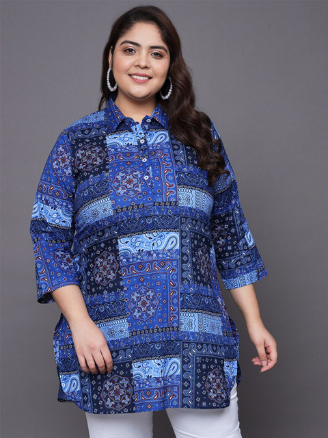 Tissu Plus Size Paisley Printed Shirt Collar Pure Cotton Kurti