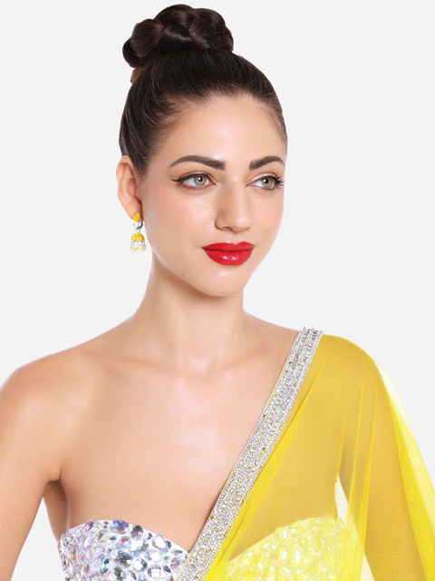 Buy Zaveri Pearls Gold Plated Artificial Beads Studded Meenakari Jhumkas - - Accessories for Women - Image 4