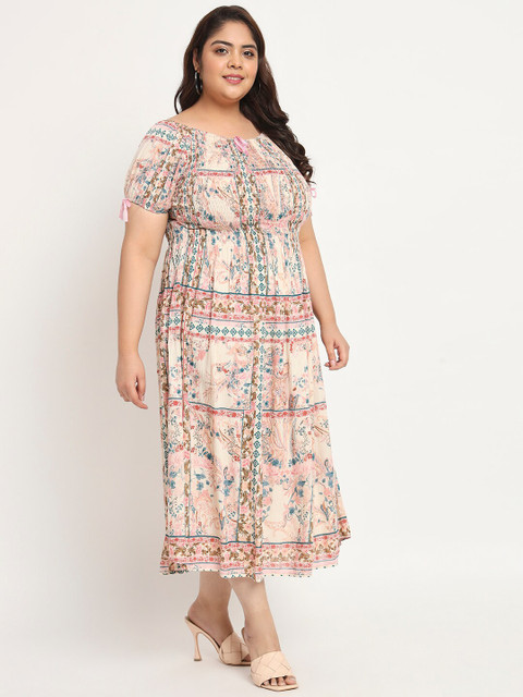 VELDRESS Plus Size Floral Printed Smocked Fit & Flare Midi Dress - Image 3