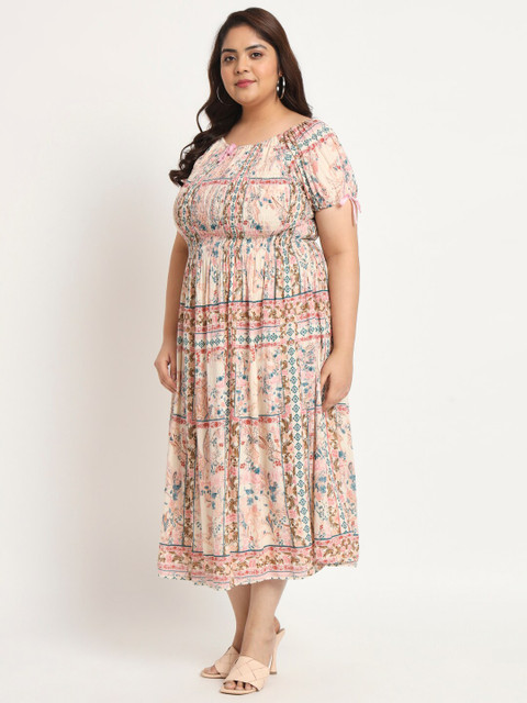 VELDRESS Plus Size Floral Printed Smocked Fit & Flare Midi Dress - Image 4