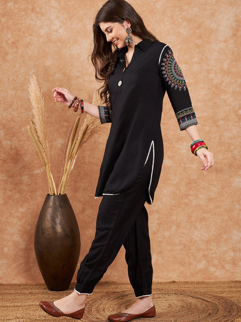 Sangria Black Ethnic Motifs Embroidered Pathani Kurta With Salwar