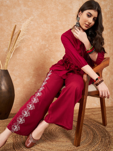 Sangria Embroidered Top With Palazzo Co-Ords