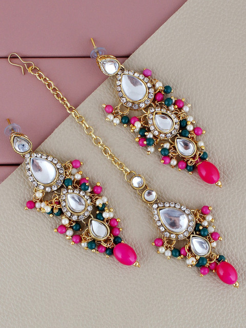 LUCKY JEWELLERY Gold-Plated Kundan-Studded Drop Earrings With Maang Tikka