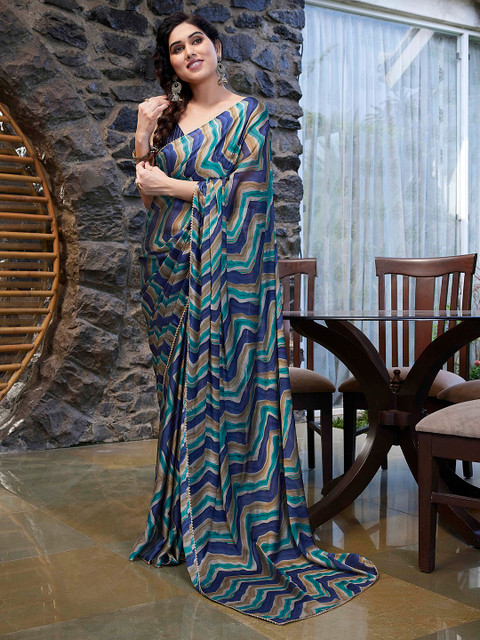 MIRCHI FASHION Blue & Green Leheriya Printed Gotta Patti Poly Chiffon Leheriya Saree