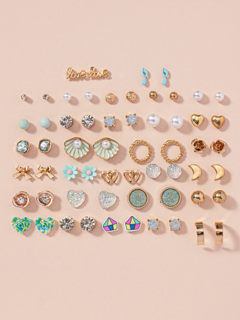 Shining Diva Fashion Set Of 30 Gold-Plated Contemporary Studs Earrings