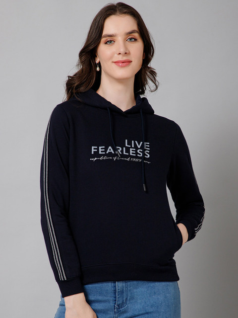 Cantabil Typography Printed Hooded Neck Long Sleeve Fleece Pullover Sweatshirt