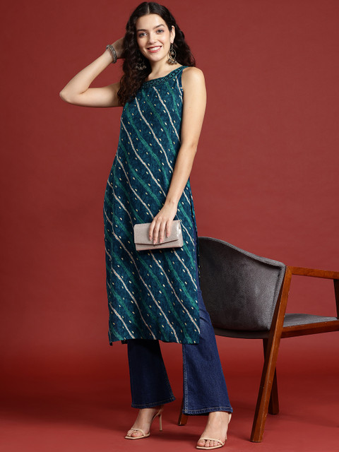 Anouk Leheriya Printed Halter Neck Thread Work Kurta - Image 6