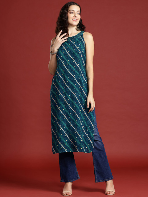 Anouk Leheriya Printed Halter Neck Thread Work Kurta - Image 3