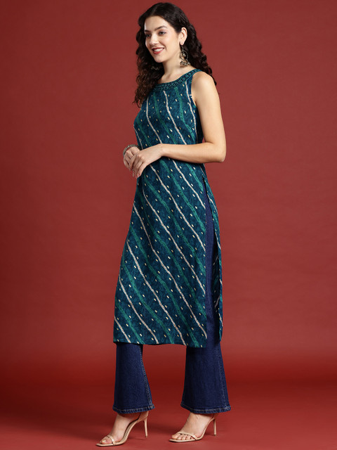 Anouk Leheriya Printed Halter Neck Thread Work Kurta - Image 4