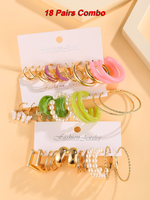 Shining Diva Fashion Set Of 18 Gold-Plated Contemporary Half Hoop Earrings - Image 3