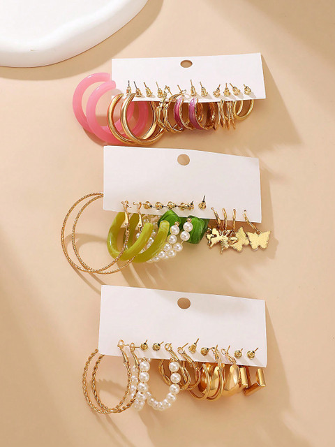 Shining Diva Fashion Set Of 18 Gold-Plated Contemporary Half Hoop Earrings - Image 2