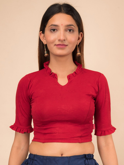 Bindigasm's Advi Mandarin Collar Neck With Ruffle Stretchable Jacquard Saree Blouse - Image 2