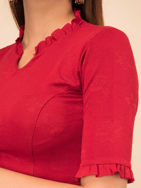 Bindigasm's Advi Mandarin Collar Neck With Ruffle Stretchable Jacquard Saree Blouse - Image 5