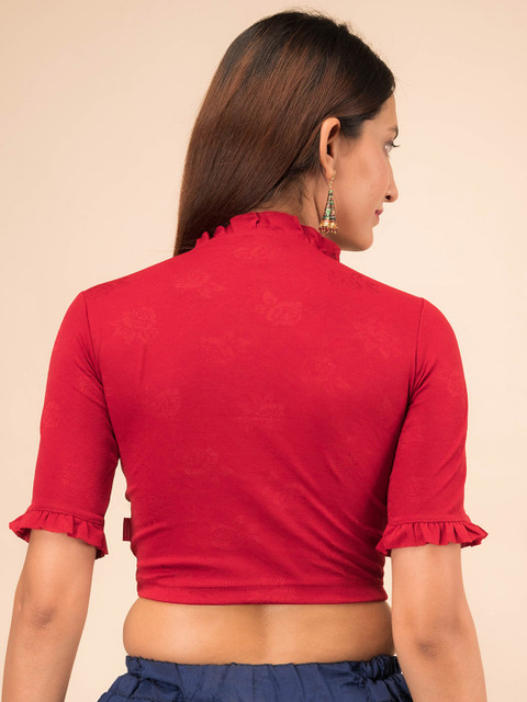 Bindigasm's Advi Mandarin Collar Neck With Ruffle Stretchable Jacquard Saree Blouse - Image 4
