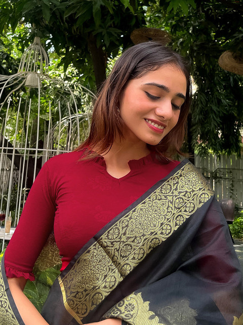 Bindigasm's Advi Mandarin Collar Neck With Ruffle Stretchable Jacquard Saree Blouse