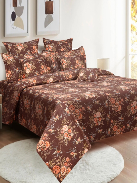 SWAYAM Veda Brown & Orange Floral Cotton 160 TC King Bedsheet with 2 Pillow Covers - Image 3