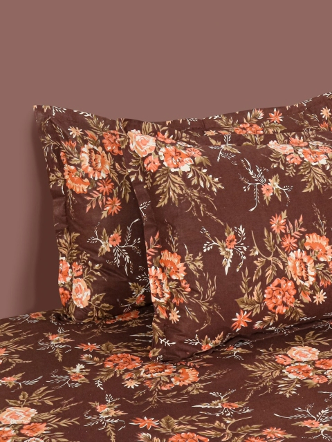 SWAYAM Veda Brown & Orange Floral Cotton 160 TC King Bedsheet with 2 Pillow Covers - Image 4