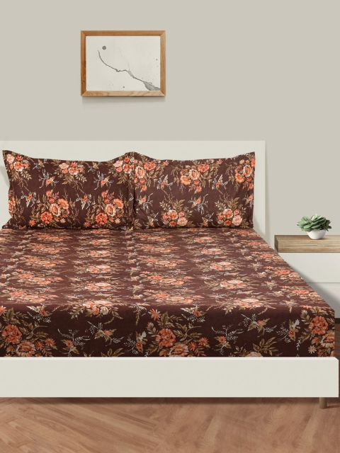 SWAYAM Veda Brown & Orange Floral Cotton 160 TC King Bedsheet with 2 Pillow Covers - Image 2