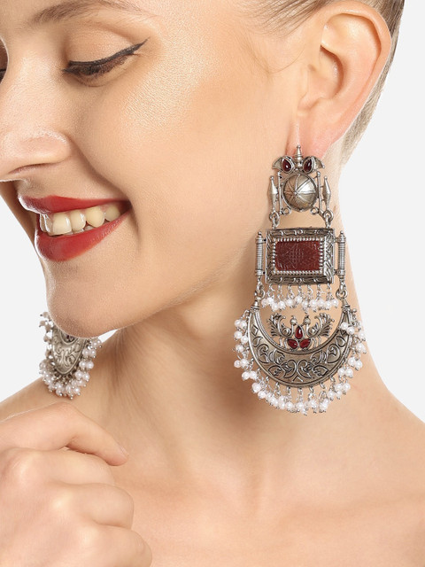 Zaveri Pearls Silver-Plated Contemporary Chandbalis Earrings