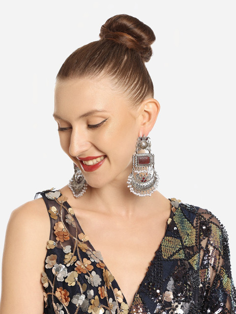 Zaveri Pearls Silver-Plated Contemporary Chandbalis Earrings - Image 3