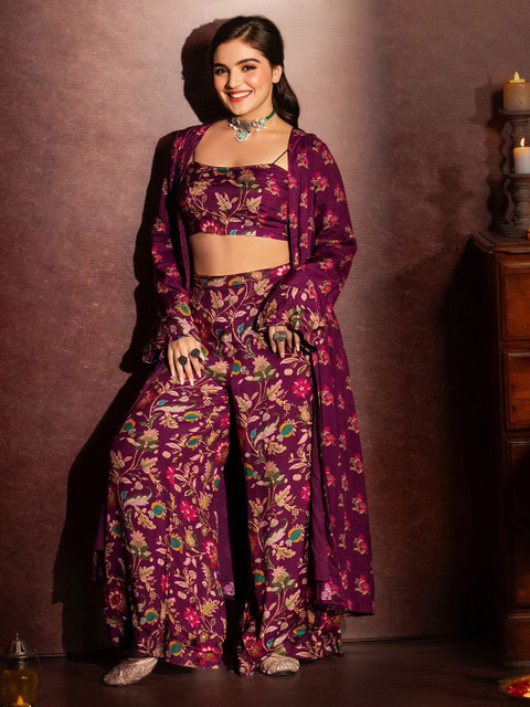 Ishin Floral Printed Shoulder Straps Top With Palazzo & Shrug - Image 6