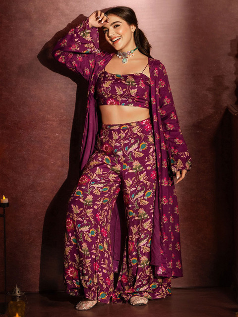 Ishin Floral Printed Shoulder Straps Top With Palazzo & Shrug