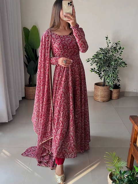 KALINI Paisley Printed Gotta Patti Georgette Anarkali Kurta & Trousers With Dupatta