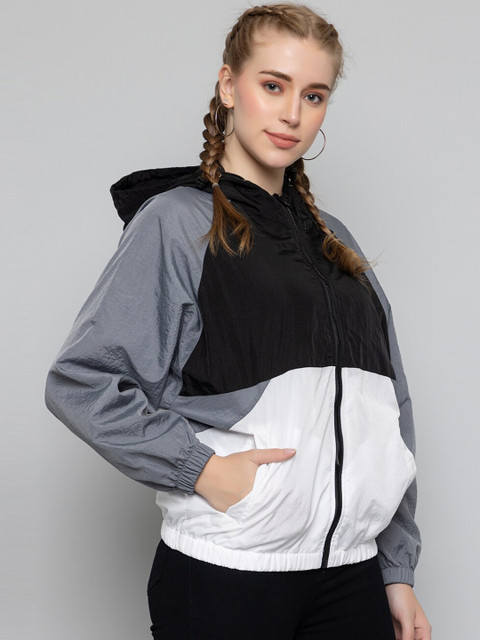 CHKOKKO Colourblocked Hooded Windcheater Crop Sporty Jacket - Image 3
