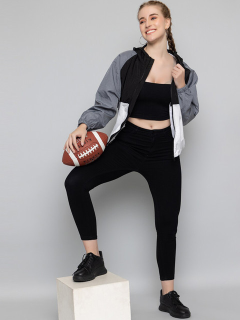 CHKOKKO Colourblocked Hooded Windcheater Crop Sporty Jacket - Image 6