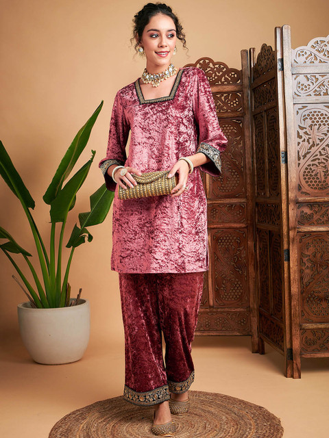 Shae by SASSAFRAS Embroidered Square Neck Regular Sequinned Velvet Kurti With Trousers