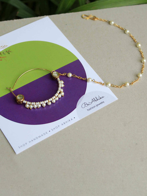 BeAbhika Kundan-Studded & Beaded Nose Ring With Hair Chain