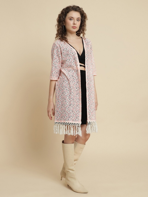 UnaOne Self Design Lace Open Front Pure Cotton Longline Shrug - Image 3