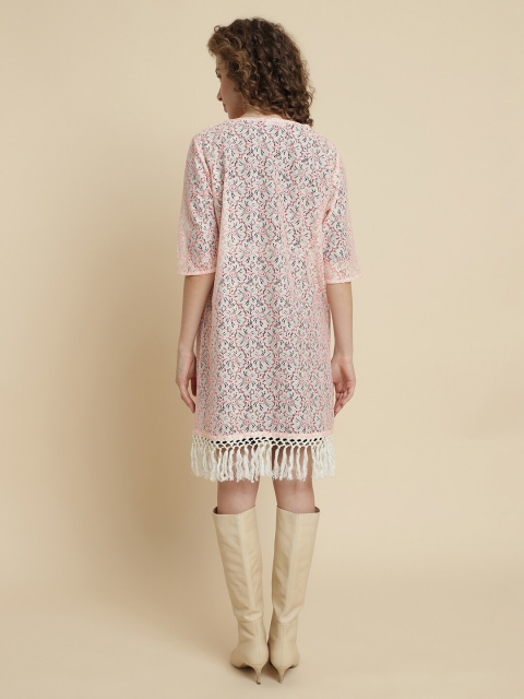 UnaOne Self Design Lace Open Front Pure Cotton Longline Shrug - Image 5