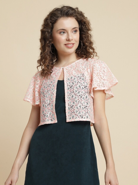 UnaOne Self Design Lace Open Front Pure Cotton Shrug