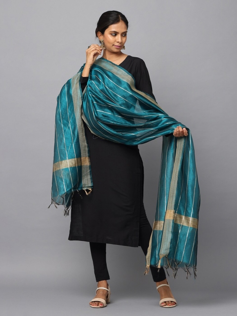 HELLA FASHIONS Striped Woven Design Chanderi Dupatta With Zari