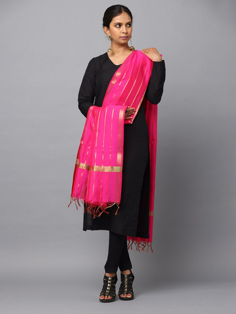 HELLA FASHIONS Striped Woven Design Chanderi Dupatta With Zari