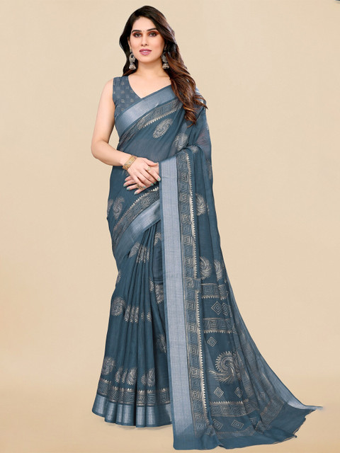 MIRCHI FASHION Grey & Gold-Toned Ethnic Motifs Printed Zari Saree