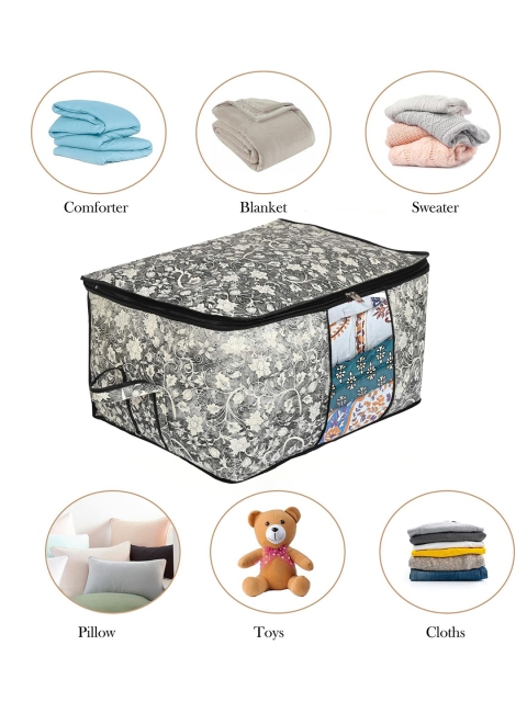 Kuber Industries Black 3 Pcs Flower Printed Foldable Clothes Storage Bag Wardrobe Organize - Image 4