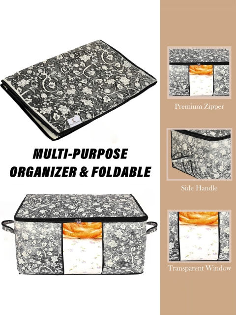 Kuber Industries Black 3 Pcs Flower Printed Foldable Clothes Storage Bag Wardrobe Organize - Image 5