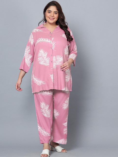 Indietoga Plus Size Pink Printed Longline Shirt and Trouser Co-Ords Set with Pockets