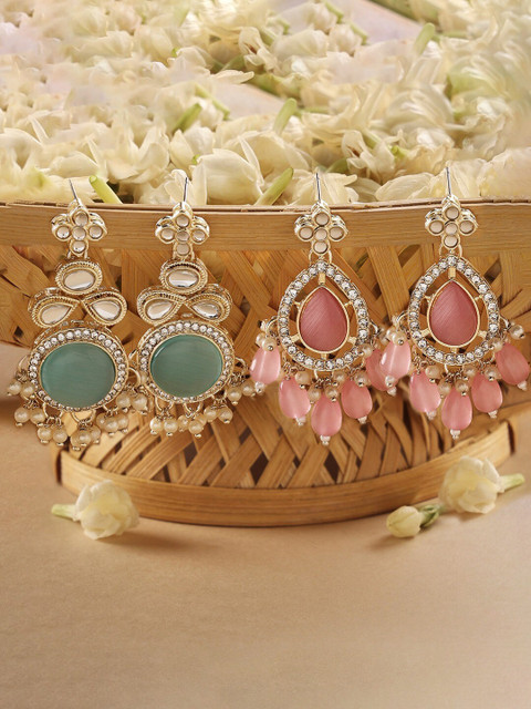 Zaveri Pearls Set Of 2 Gold-Plated Contemporary Drop Earrings