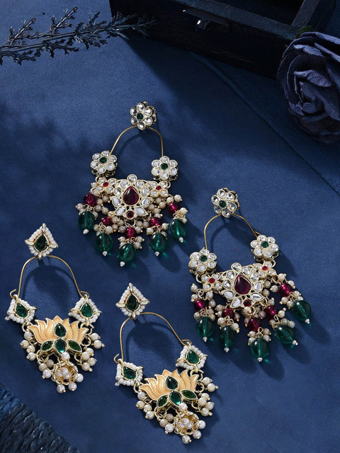 Zaveri Pearls Set Of 2 Gold-Plated Contemporary Drop Earrings