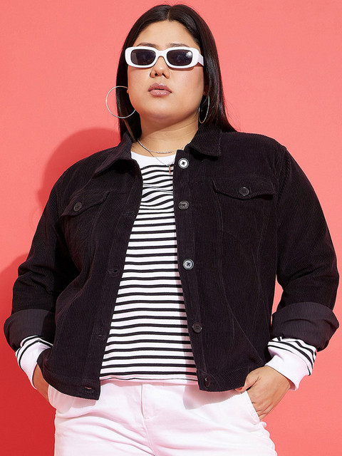 SASSAFRAS Curve Plus Size Black Spread Collar Corduroy Jacket